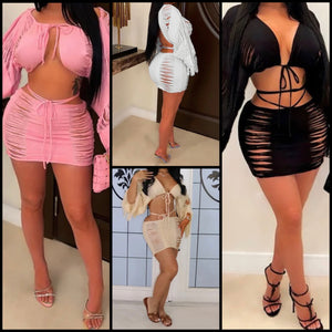 Women Sexy Ripped Full Sleeve Crop Two Piece Skirt Set