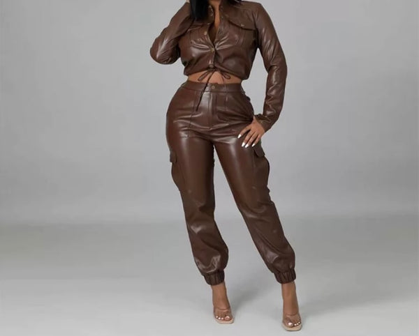 Women Two Piece Button Up Fashion Faux Leather Pant Set