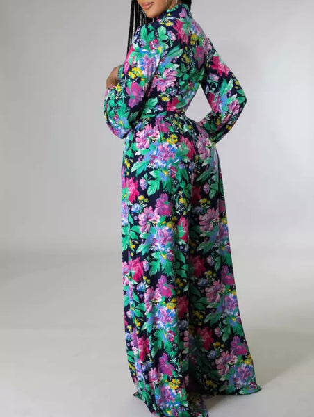 Women Colorful Floral Print Button Up Two Piece Wide Leg Pant Set