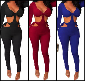 Women Full Sleeve Solid Color Cut Out Jumpsuit