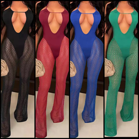 Women Sexy Halter Mesh Patchwork Green Jumpsuit