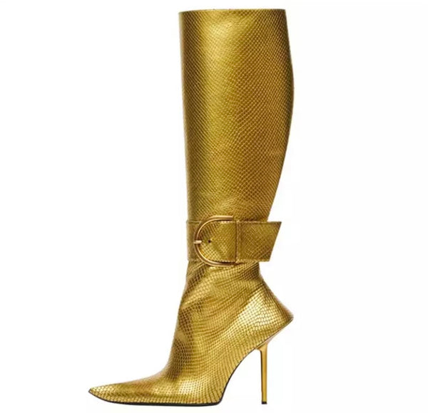 Women Pointed Toe Buckled Strap Knee High Boots