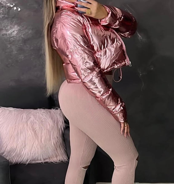 Women Fashion Pink PU Puff Jacket