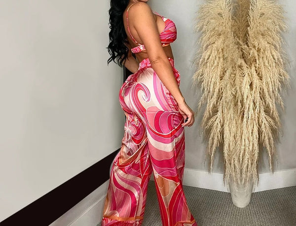 Women Printed Sexy Three Piece Wide Leg Pant Set