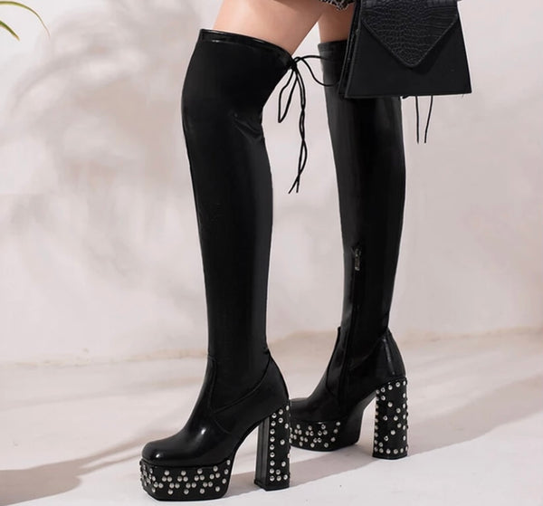 Women Fashion PU Rivet Platform Over The Knee Boots