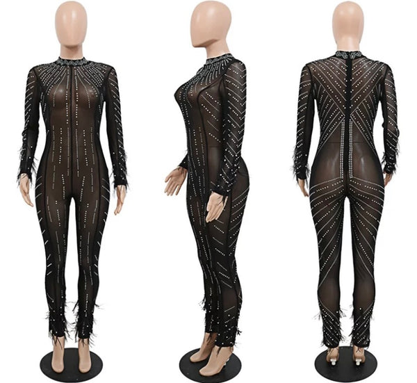 Women Sexy Mesh Bling Full Feather Sleeve Jumpsuit