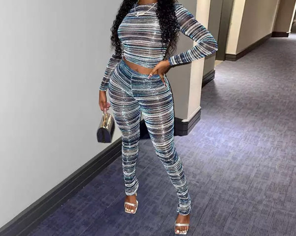 Women Sexy Striped Long Sleeve Crop Two Piece Pant Set