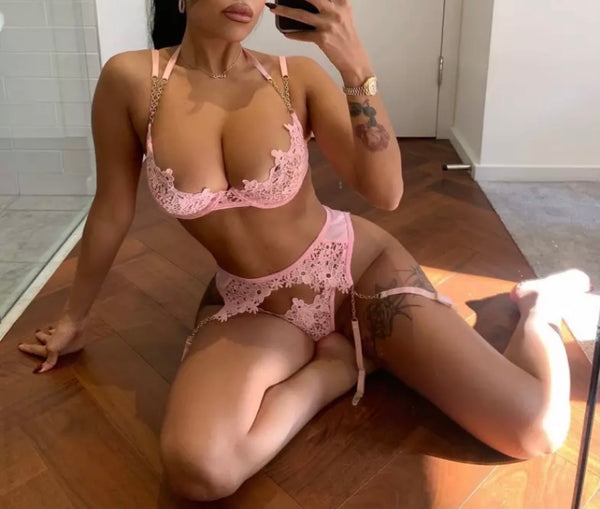 Women Pink Sexy Lace Three Piece Lingerie Set