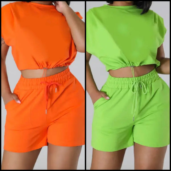 Women Drawstring Short Sleeve Two Piece Short Set