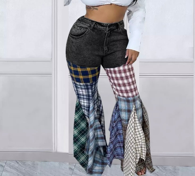 Women Fashion Denim Plaid Patchwork Wide Leg Pant