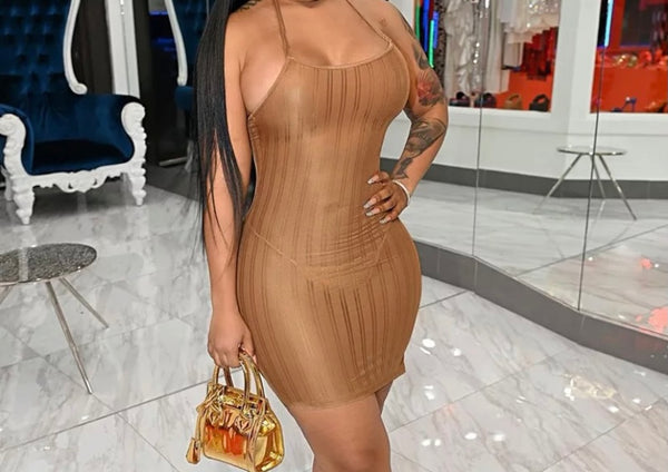 Women Sexy Sleeveless Ribbed See Through Mini Dress