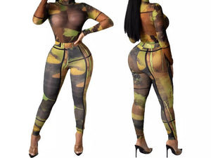 Women Sexy Mesh Printed Two Piece Pant Set