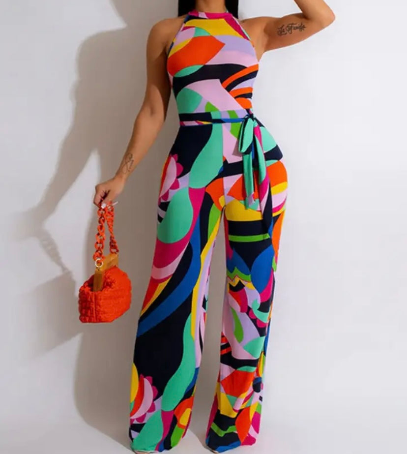 Women Sleeveless Colorful Print Belted Wide Leg Jumpsuit