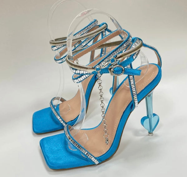 Women Square Toe Chain Fashion Heart High Heel Sandals