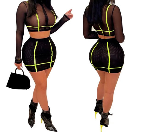 Women Sexy Black Neon Striped Two Piece Skirt Set