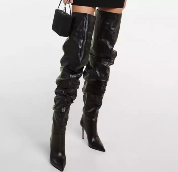 Women Fashion Over The Knee Ruche High Heel Boots
