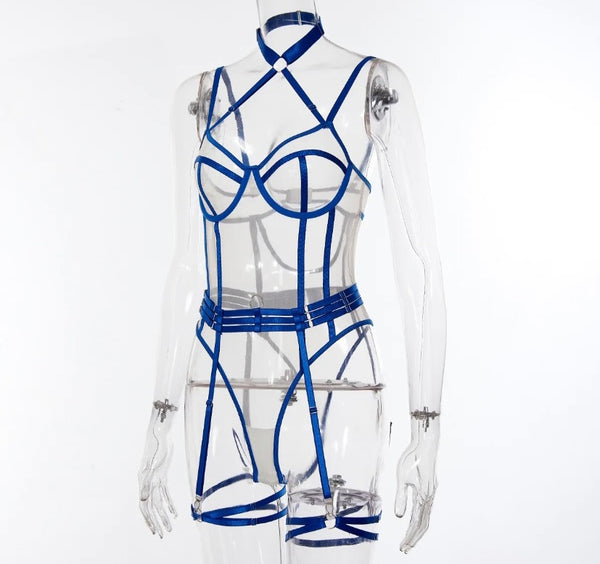 Women Blue Sexy Sleeveless Mesh Bodysuit Lingerie Set