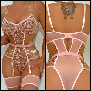 Women Sexy Pink Floral Mesh Chain Bodysuit Lingerie