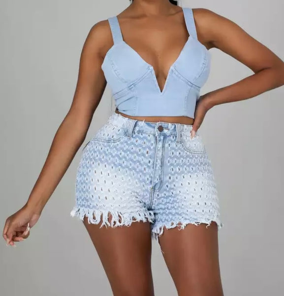 Women Fashion Hollow Out Fringe Denim Shorts