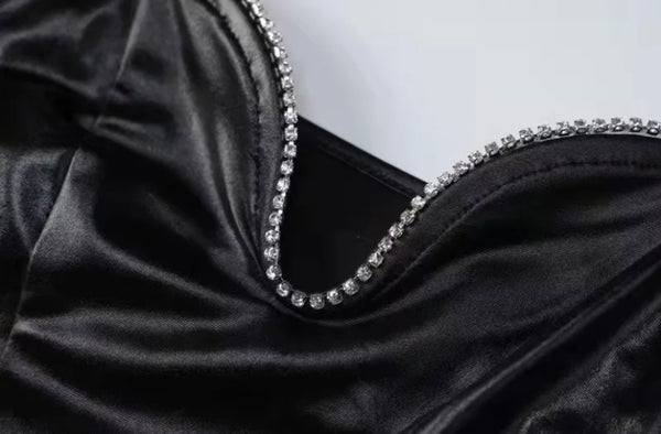 Women Sexy Sleeveless Black Rhinestone PU Dress