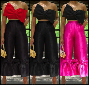 Women Fashion Bow Crop Two Piece Ruffled Pant Set