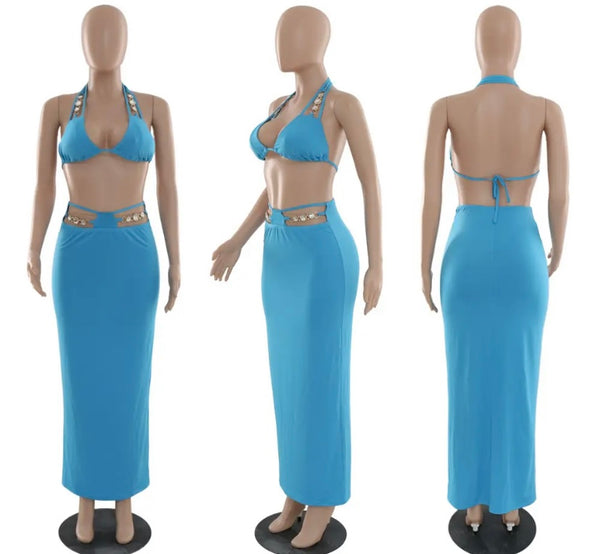 Women Halter Sleeveless Sexy Two Piece Maxi Skirt Set