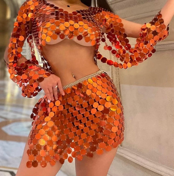 Women Sexy Orange Mirror Full Sleeve Chain Two Piece Skirt Set