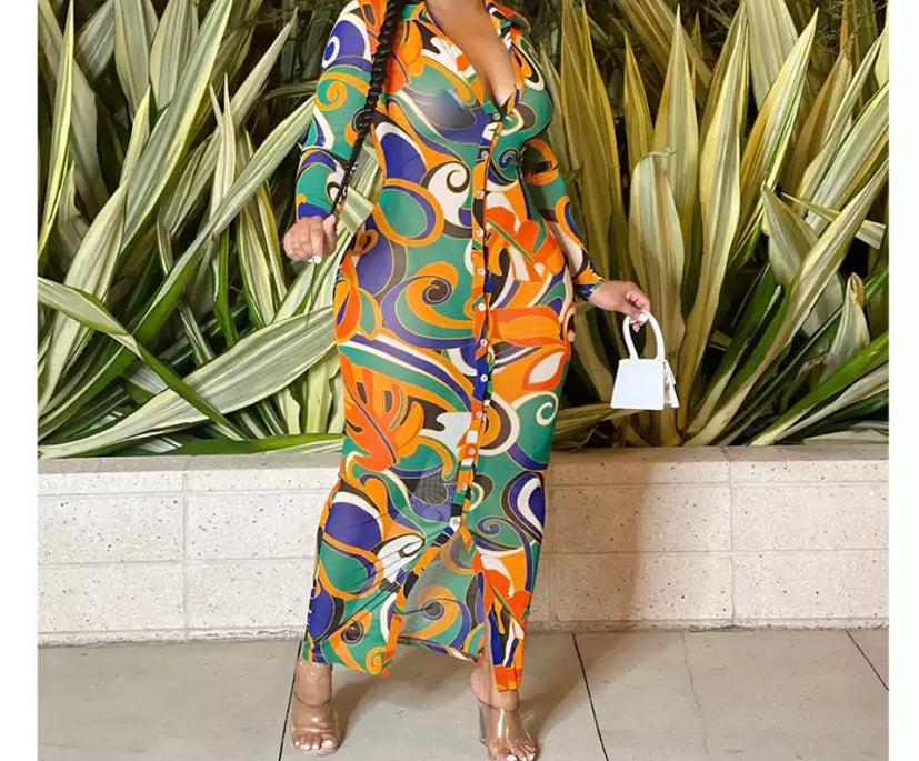 Women Multicolored Print Button Up Full Sleeve Maxi Dress