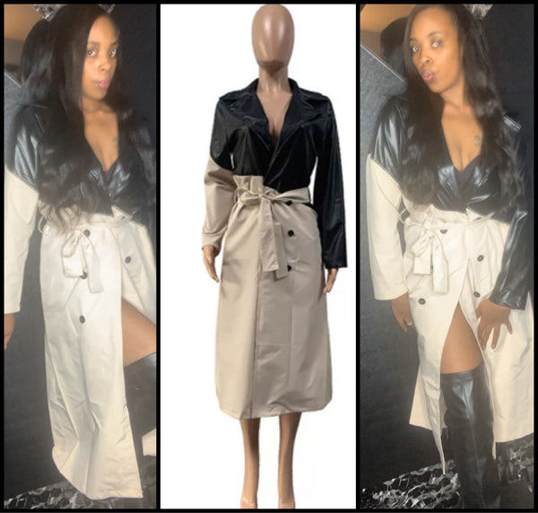 Women Fashion Faux Leather Khaki Belted Trench Coat