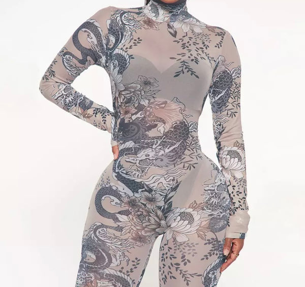 Women Mesh Printed Full Sleeve Feet In Jumpsuit