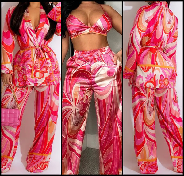 Women Printed Sexy Three Piece Wide Leg Pant Set