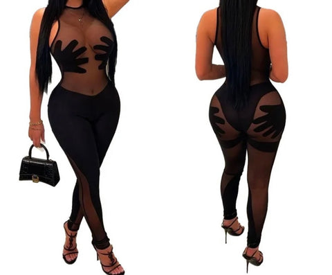 Women Sexy Sleeveless Hand Print Mesh Patchwork Jumpsuit