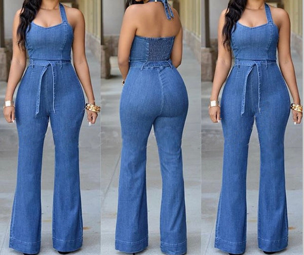Women Sexy Halter Denim Jumpsuit