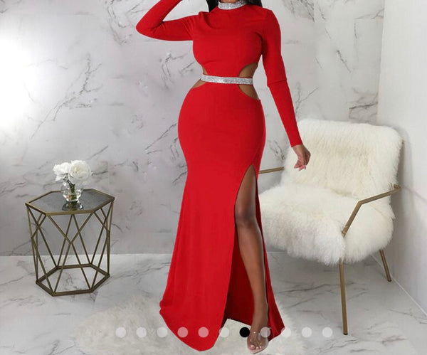 Women Sexy Bling Patchwork Full Sleeve Cut Out Maxi Dress