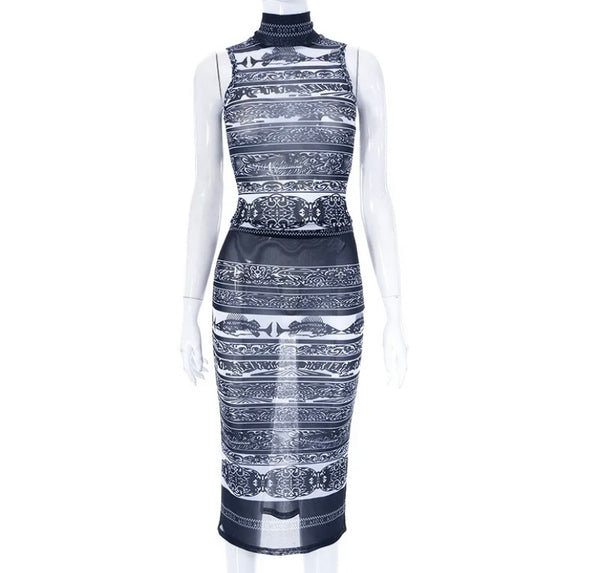 Women B&W Sleeveless Mesh Sexy Two Piece Skirt Set