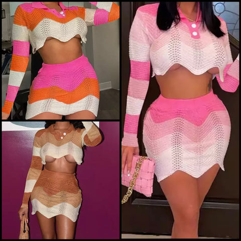 Women Sexy Knitted Color Patchwork Full Sleeve Crop Two Piece Skirt Set