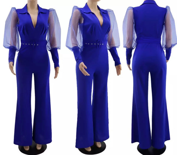 Women Solid Color Belted Mesh Full Sleeve Wide Leg Jumpsuit