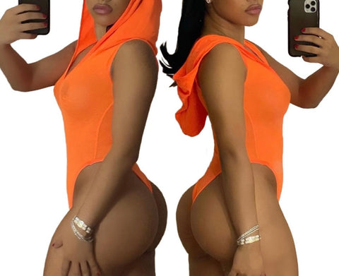 Women Orange Hooded Sexy Sleeveless Bodysuit Top