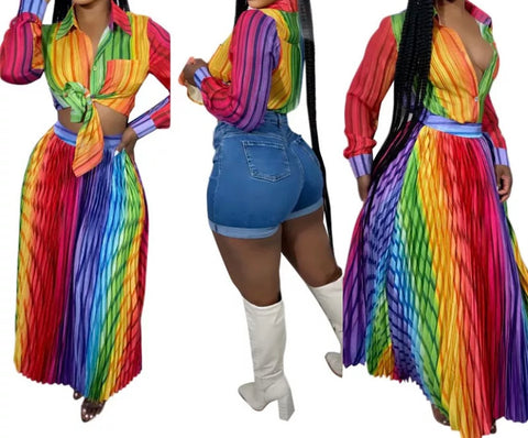 Women Fashion Full Sleeve Button Up Rainbow Striped Two Piece Maxi Skirt Set