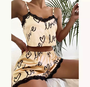 Women Love Print Sleeveless Short Lingerie Set