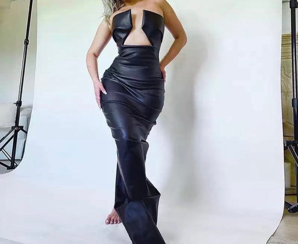 Women Sexy Black PU Strapless Maxi Dress