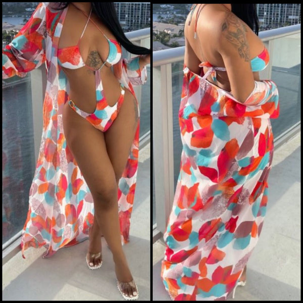 Women Sexy Cut Out Printed Swimsuit Cover Up Set