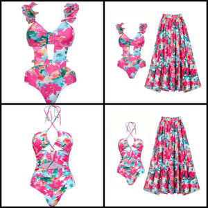 Women Sexy Pink Floral Swimsuit Cover Up Set