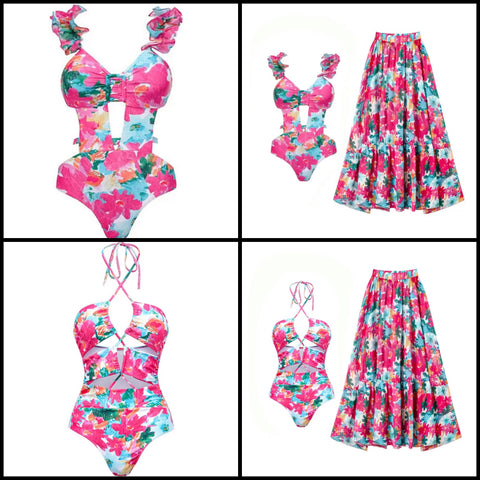 Women Sexy Pink Floral Swimsuit Cover Up Set