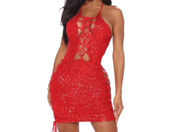 Women Sexy Red Sequins Sleeveless Lace Up Dress