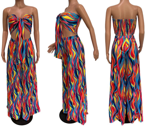 Women Fashion Strapless Tie Up Multicolored Two Piece Wide Leg Pant Set