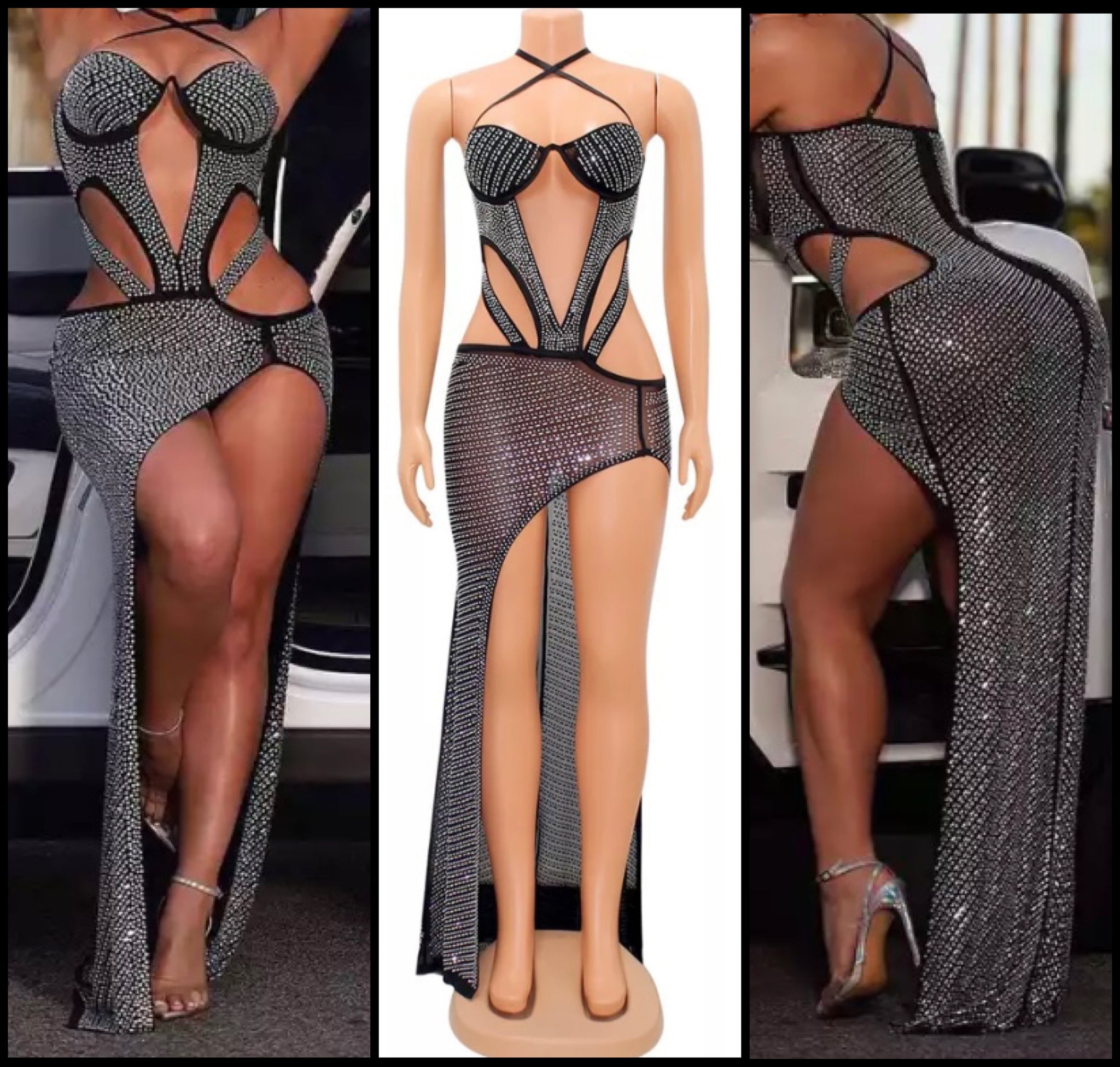 Women Sexy Rhinestone Halter Cut Out Maxi Dress