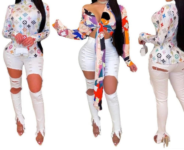 Women White Fashion Ripped Denim Pants