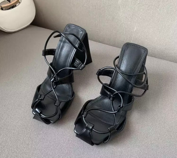 Women Faux Leather Lace Up Thick Heel Sandals