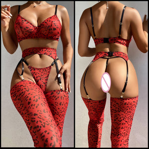 Women Sexy Red Animal Print Lingerie Set